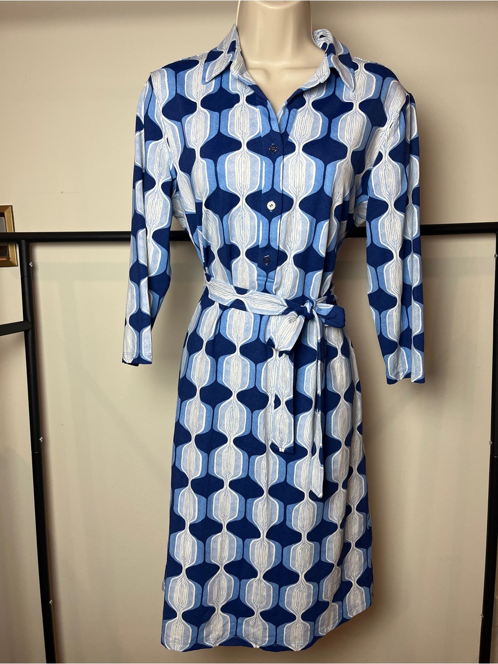 J McLaughlin Shirt Midi Dress Geometric Collared Preppy Large Stretch Artsy